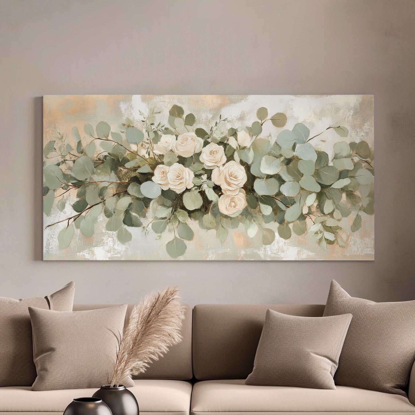 Romantic Rose Eucalyptus Canvas Art | Impasto Floral Print | Bohemian Wall Art For Living Room | Blush Sage Green Art Horizontal Art