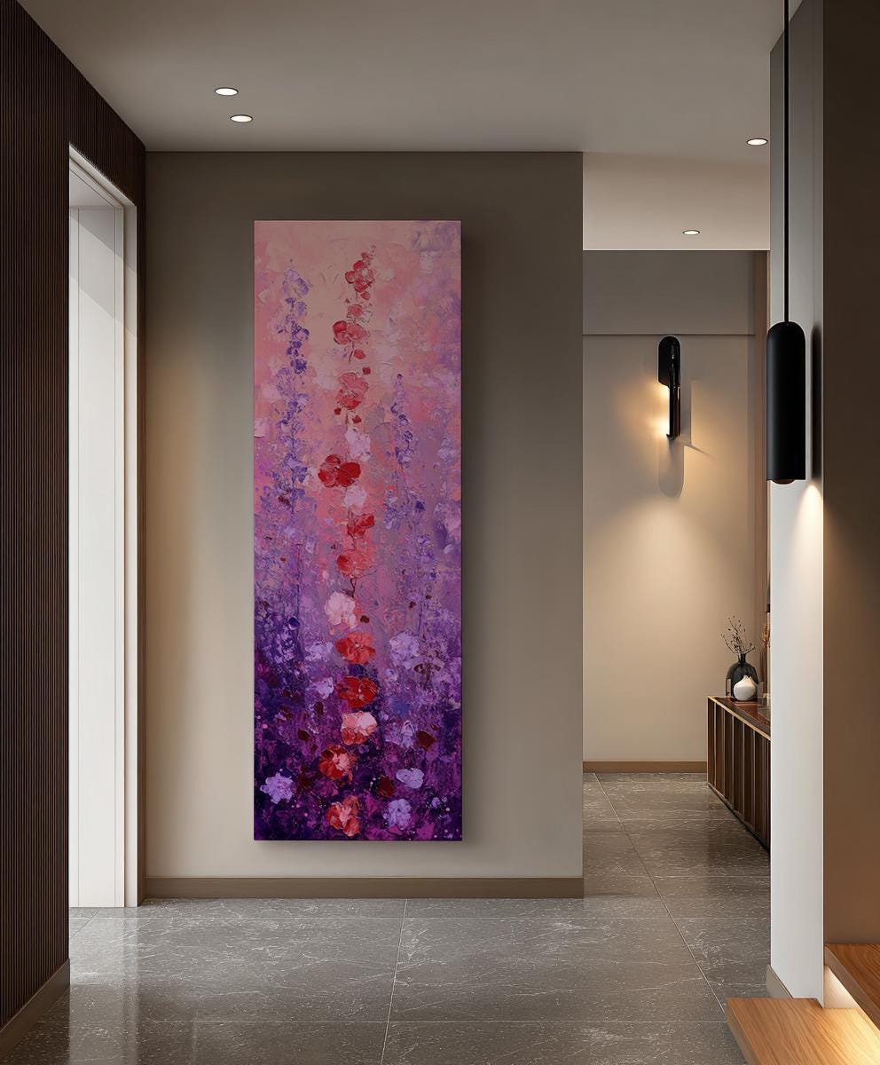 Romantic Lavender Field Canvas Art | Impasto Floral Print | Bohemian Wall Art For Bedroom | Amethyst Dusk Art Long Vertical Art