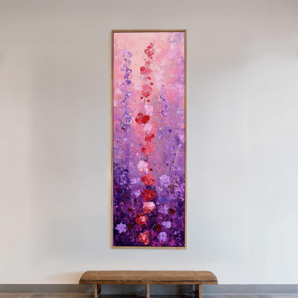 Romantic Lavender Field Canvas Art | Impasto Floral Print | Bohemian Wall Art For Bedroom | Amethyst Dusk Art Long Vertical Art