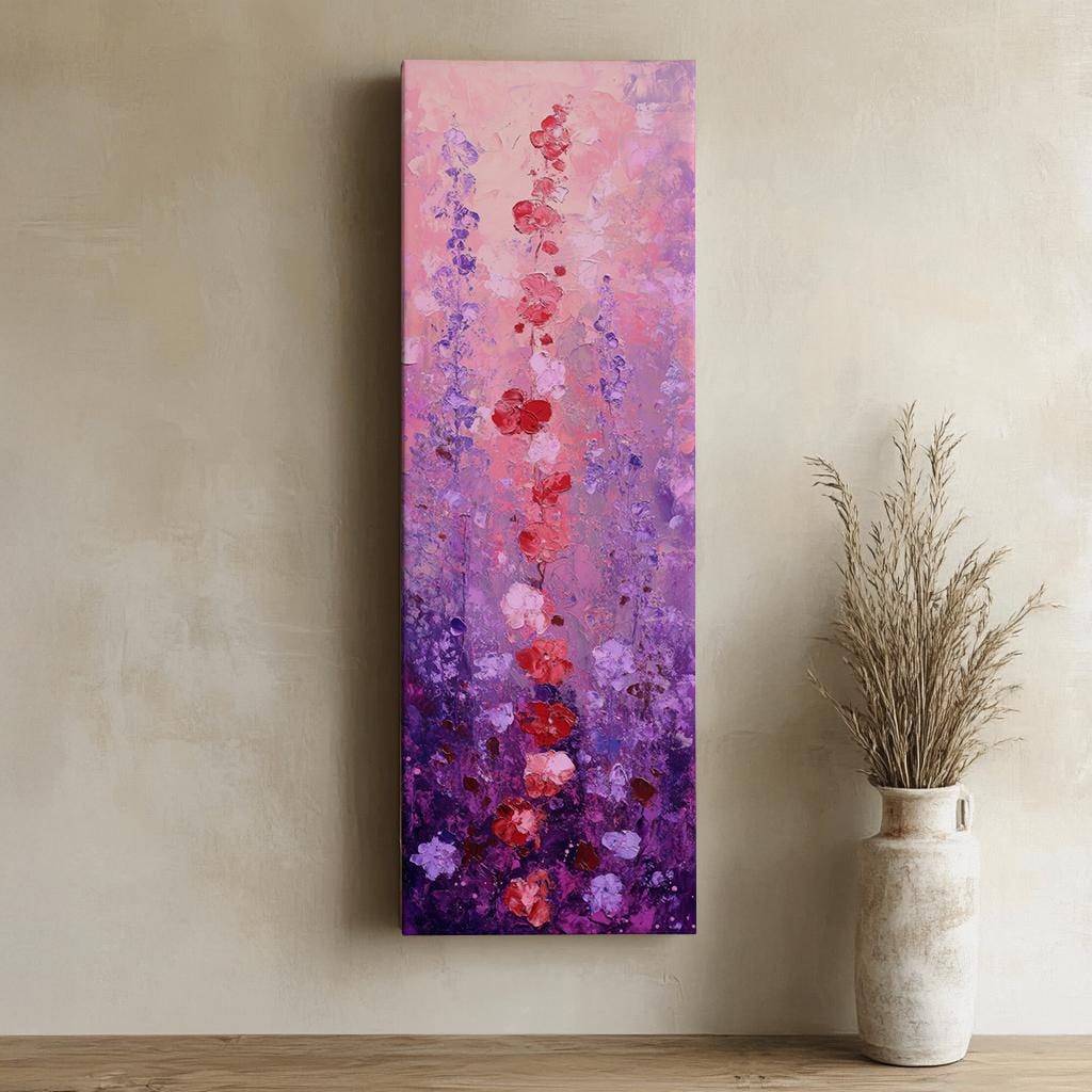 Romantic Lavender Field Canvas Art | Impasto Floral Print | Bohemian Wall Art For Bedroom | Amethyst Dusk Art Long Vertical Art
