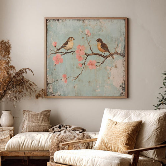 Romantic Bird Pair Canvas Art | Impressionistic Textured Print | Bohemian Wall Art For Living Room | Seafoam Blush Art Square Canvas Art