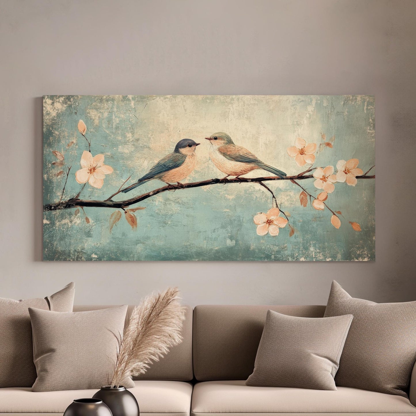 Romantic Bird Canvas Art | Impressionistic Oil Print | Bohemian Wall Art For Living Room | Seafoam Blush Art Horizontal Art