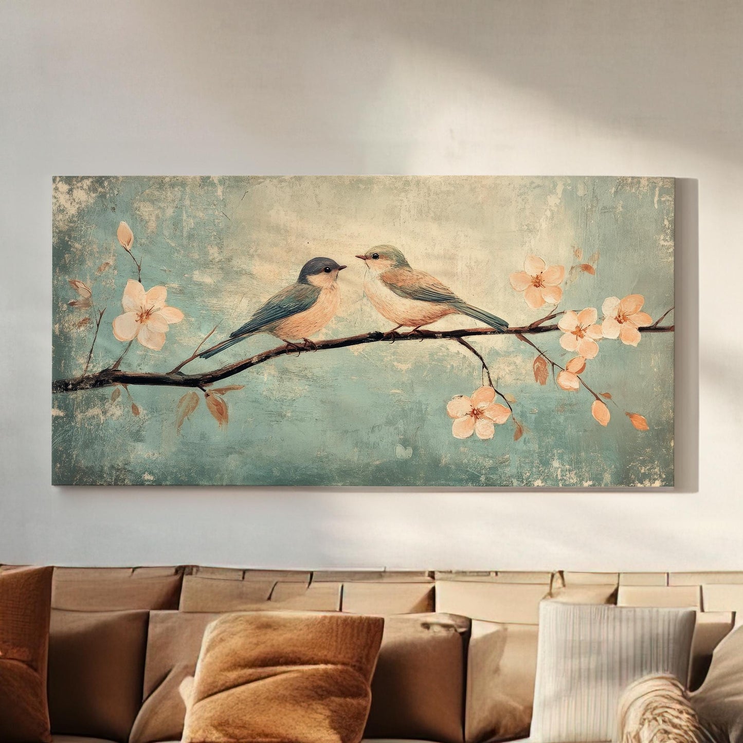 Romantic Bird Canvas Art | Impressionistic Oil Print | Bohemian Wall Art For Living Room | Seafoam Blush Art Horizontal Art