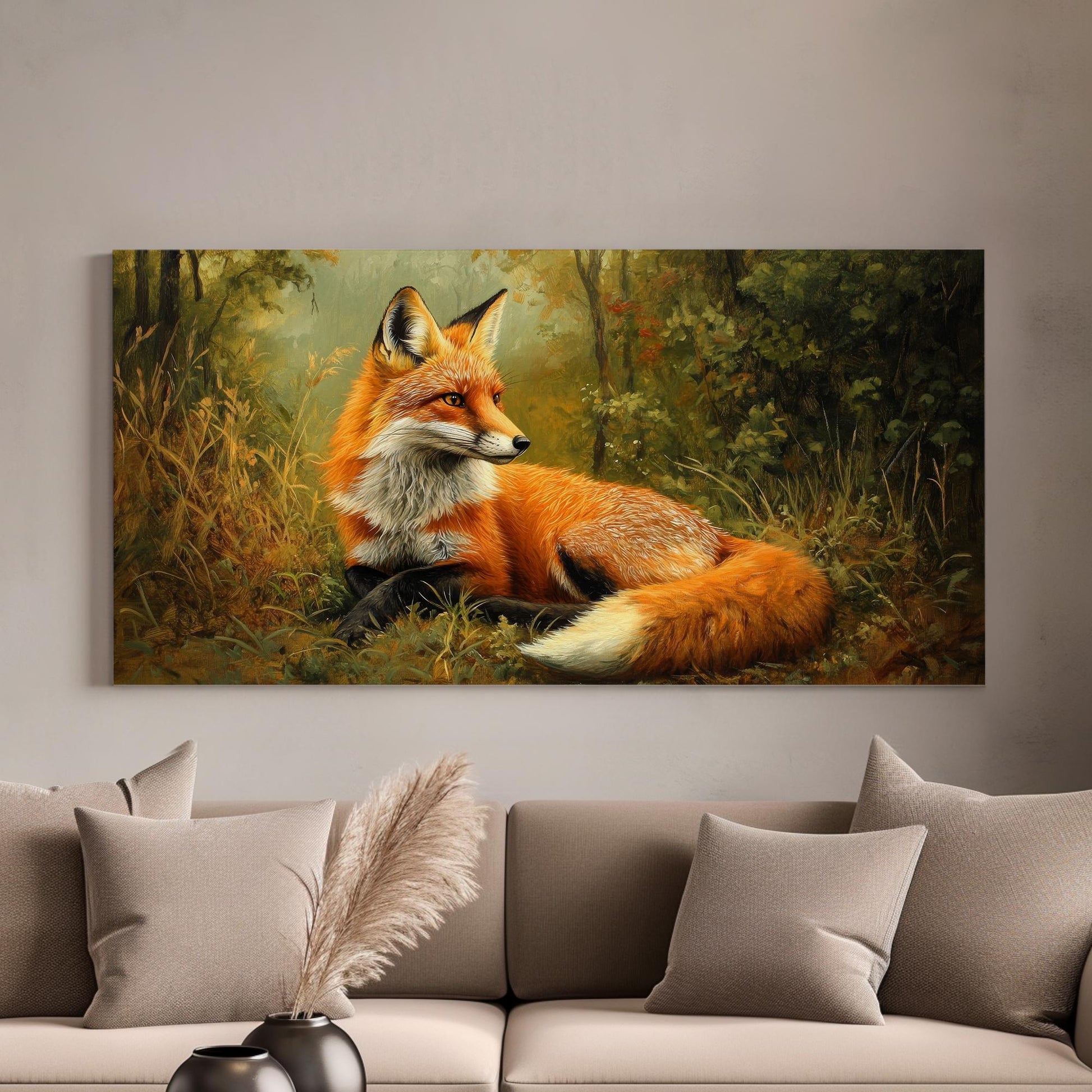 Red Fox in Autumnal Forest Canvas Art | Impasto Oil Painting Print | Bohemian Eclectic Wall Art For Living Room Horizontal Art