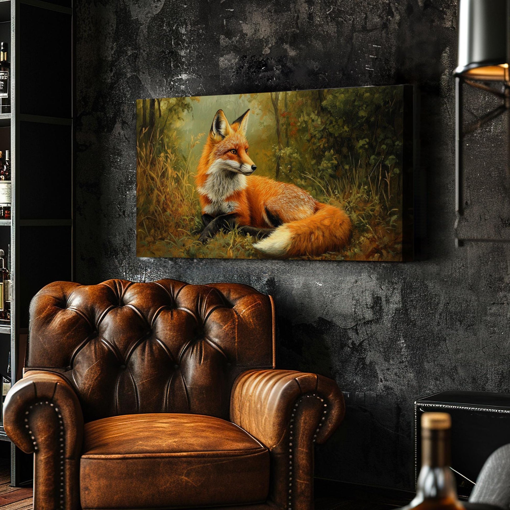 Red Fox in Autumnal Forest Canvas Art | Impasto Oil Painting Print | Bohemian Eclectic Wall Art For Living Room Horizontal Art