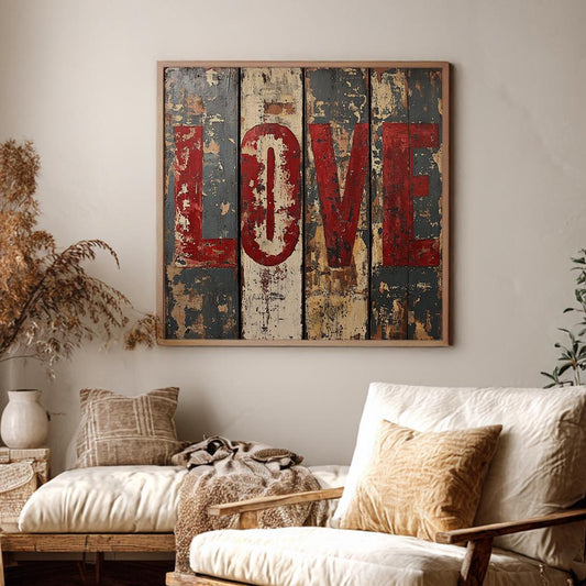 Reclaimed Wood LOVE Canvas Art | Deconstructed Vintage Print | Bohemian Wall Art For Living Room | Dusty Rose Iron Red Art Square Canvas Art