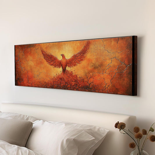 Reborn Phoenix Canvas Art | Impasto Textural Print | Biophilic Wall Art For Living Room | Fiery Ember Art Panoramic Wall Art