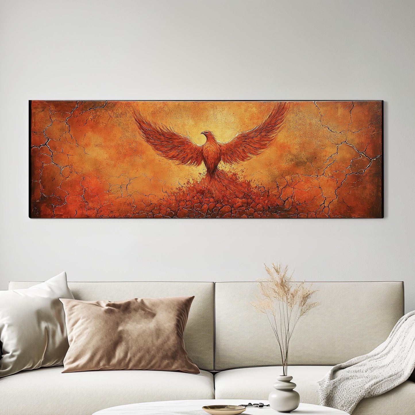 Reborn Phoenix Canvas Art | Impasto Textural Print | Biophilic Wall Art For Living Room | Fiery Ember Art Panoramic Wall Art