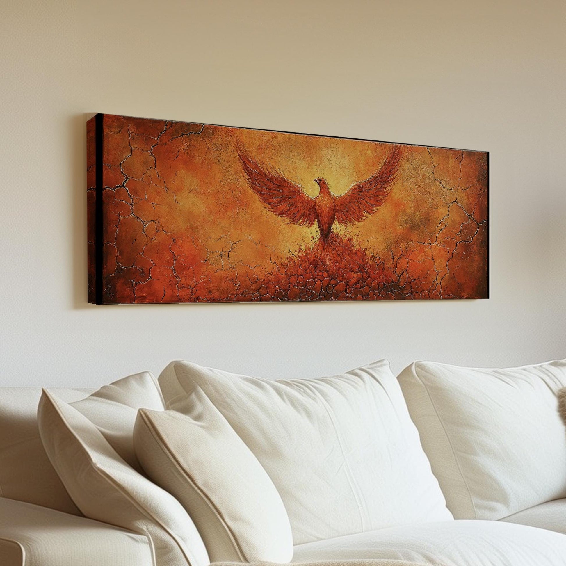 Reborn Phoenix Canvas Art | Impasto Textural Print | Biophilic Wall Art For Living Room | Fiery Ember Art Panoramic Wall Art
