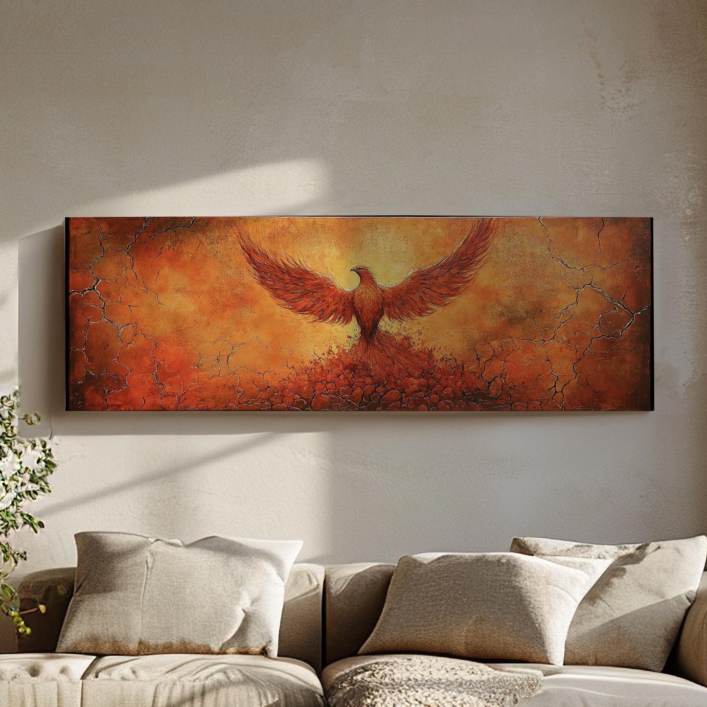 Reborn Phoenix Canvas Art | Impasto Textural Print | Biophilic Wall Art For Living Room | Fiery Ember Art Panoramic Wall Art