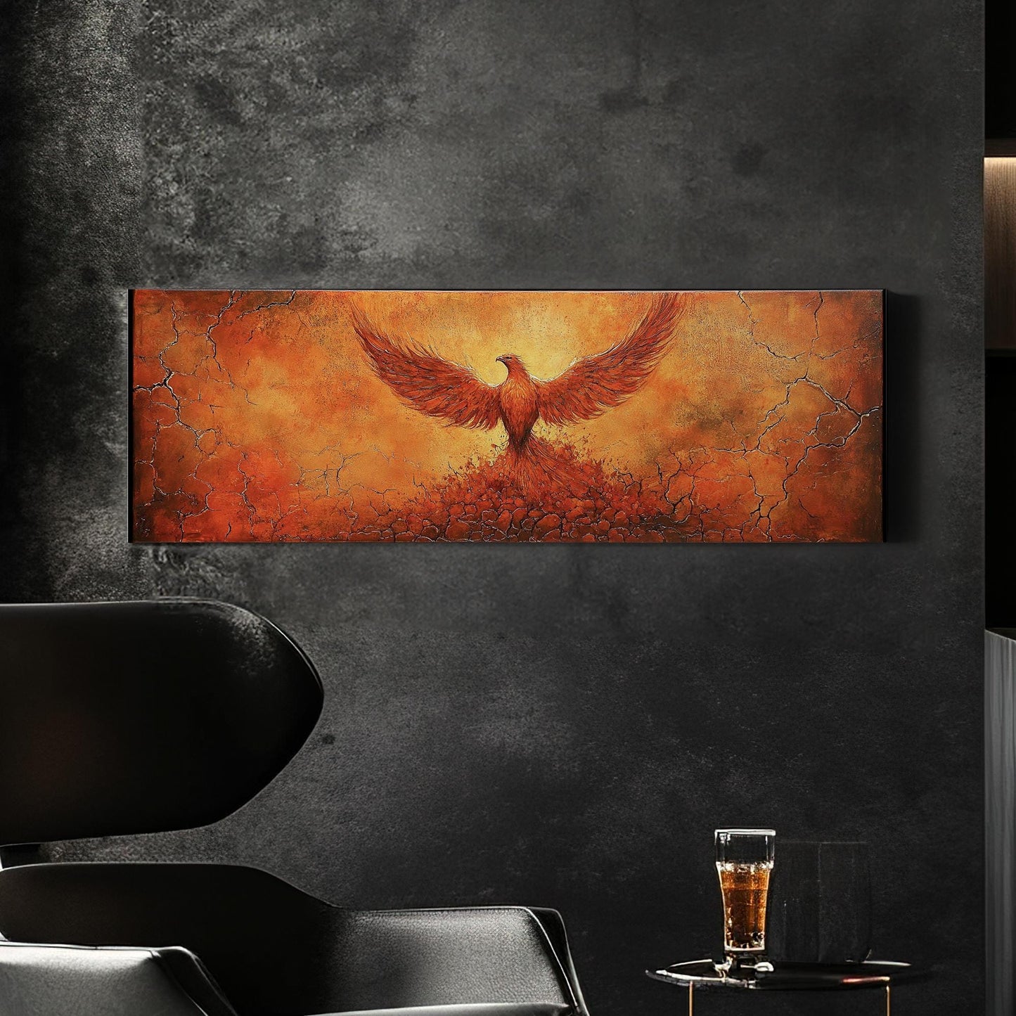 Reborn Phoenix Canvas Art | Impasto Textural Print | Biophilic Wall Art For Living Room | Fiery Ember Art Panoramic Wall Art