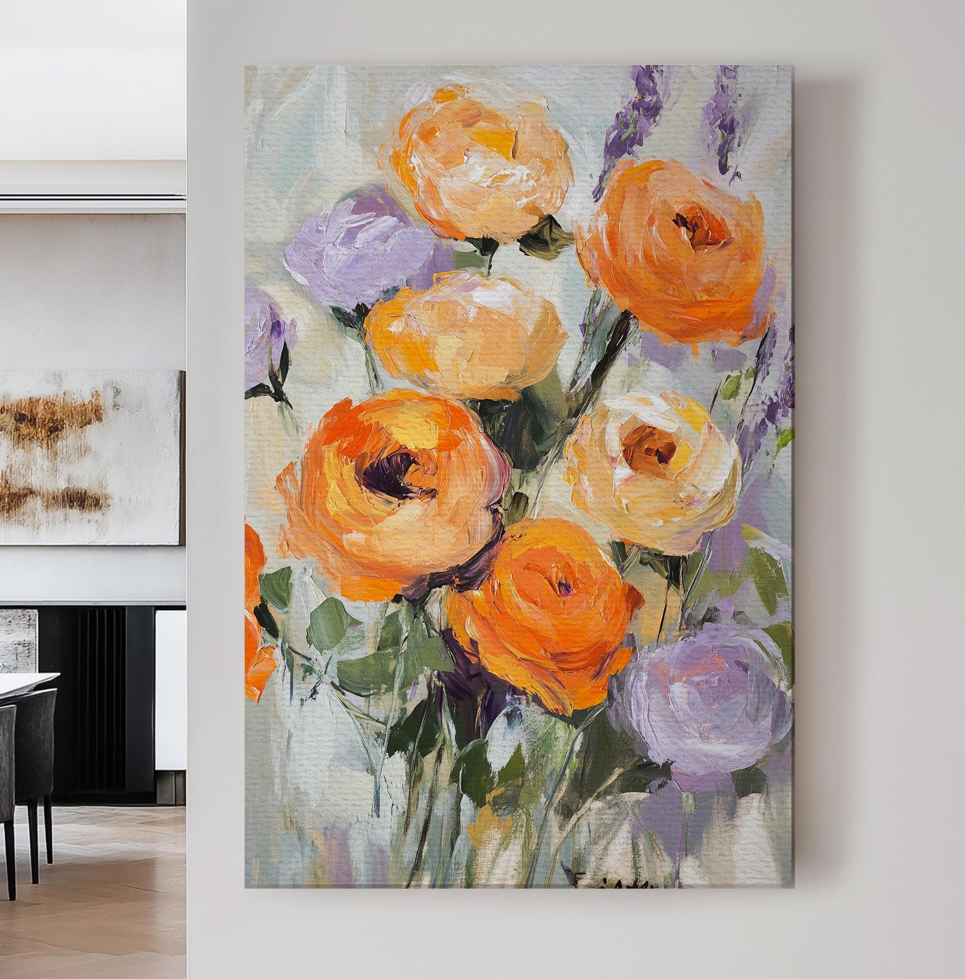Ranunculus Bouquet Canvas Art | Impasto Floral Print | Bohemian Modern Wall Art For Living Room | Apricot Blush Art Vertical Canvas