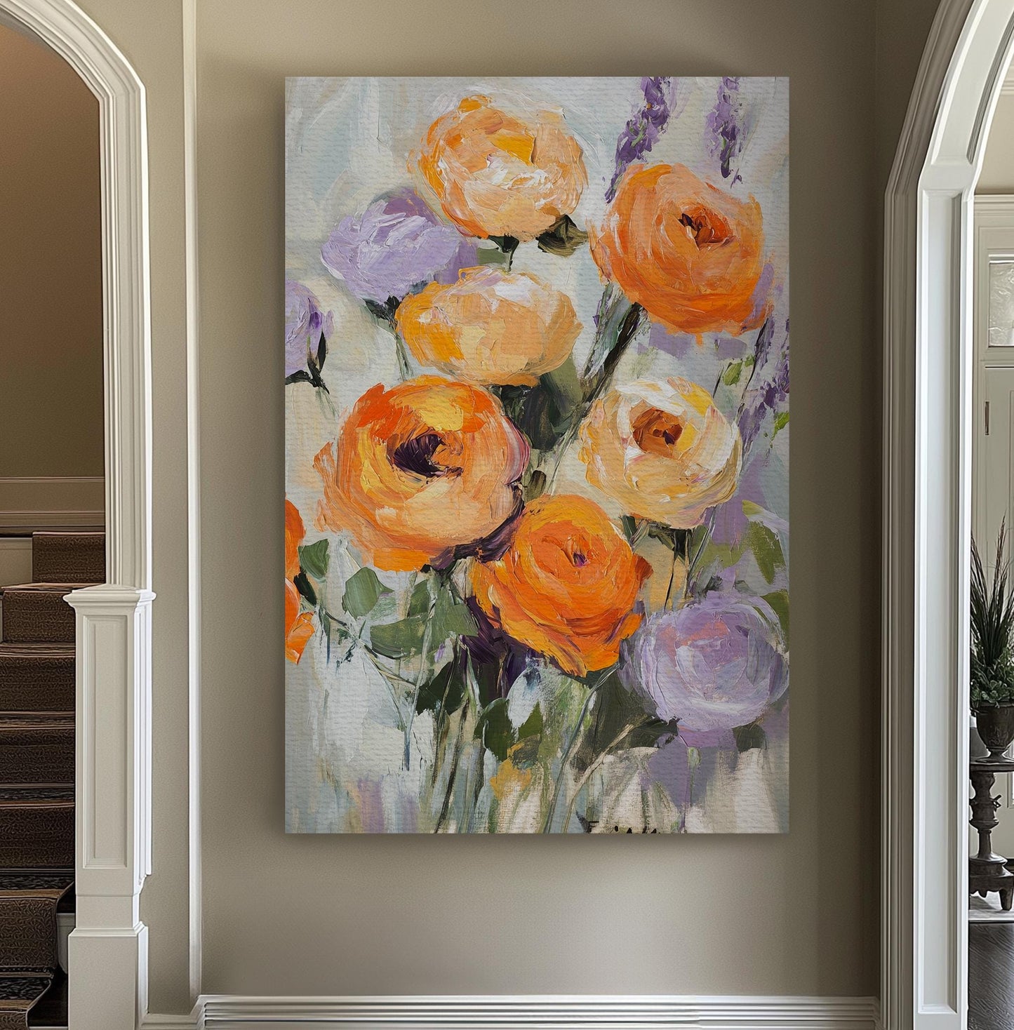 Ranunculus Bouquet Canvas Art | Impasto Floral Print | Bohemian Modern Wall Art For Living Room | Apricot Blush Art Vertical Canvas