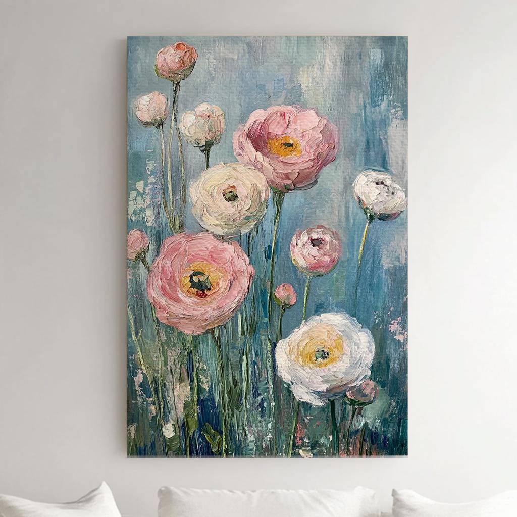Ranunculus Bloom Canvas Art | Impasto Floral Print | Bohemian Wall Art For Living Room | Blush Pink Oyster White Art Vertical Canvas