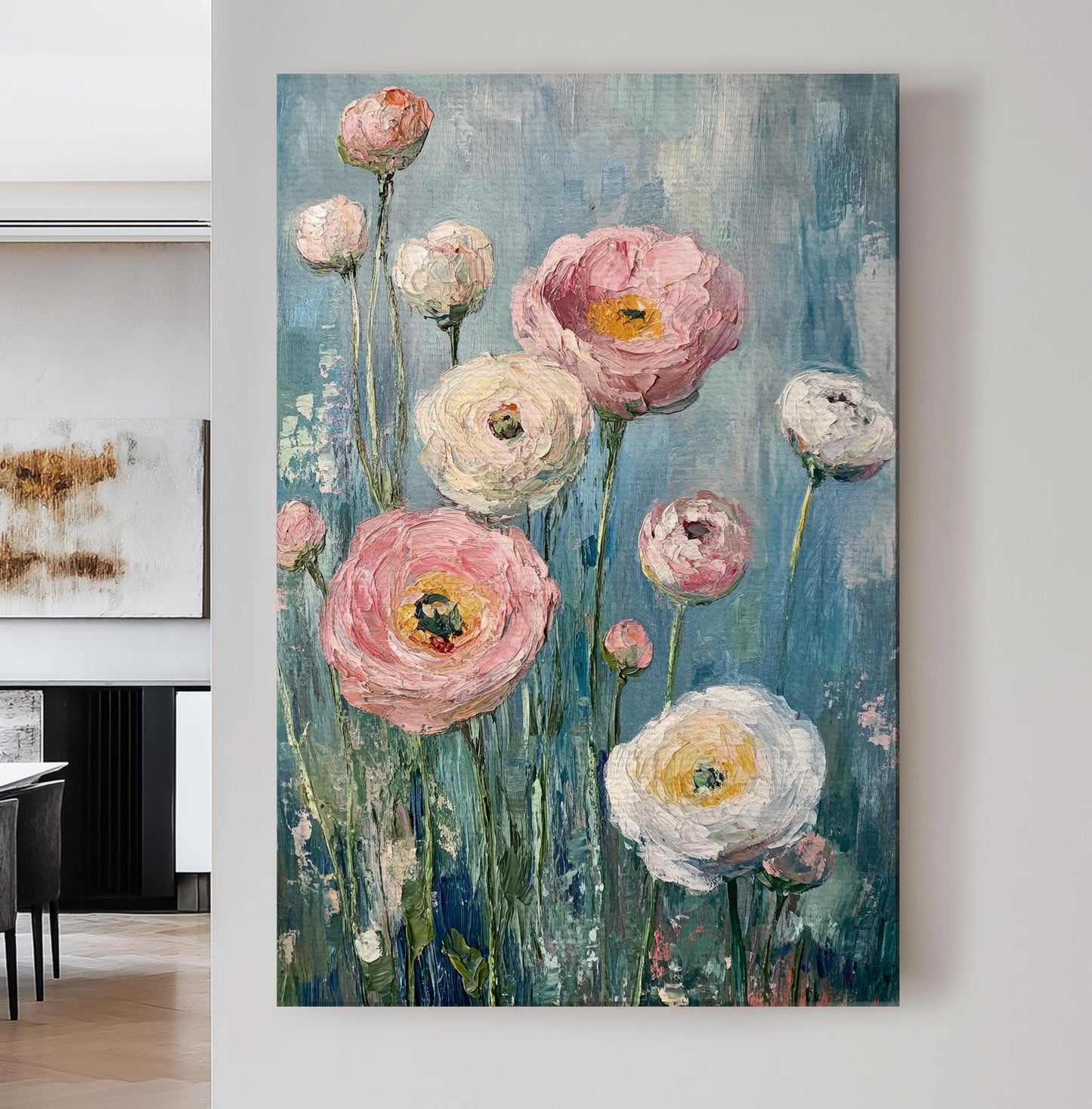 Ranunculus Bloom Canvas Art | Impasto Floral Print | Bohemian Wall Art For Living Room | Blush Pink Oyster White Art Vertical Canvas