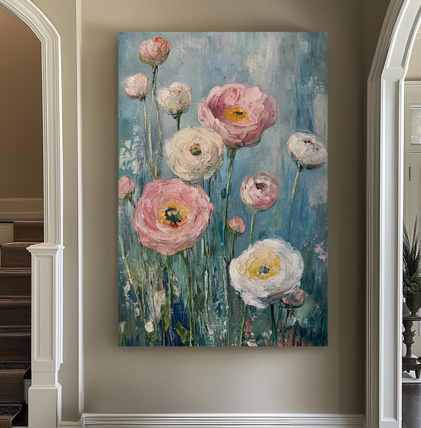 Ranunculus Bloom Canvas Art | Impasto Floral Print | Bohemian Wall Art For Living Room | Blush Pink Oyster White Art Vertical Canvas