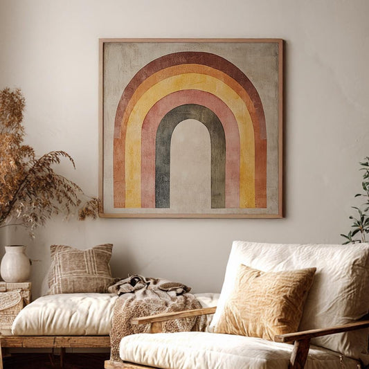 Rainbow Arch Canvas Art | Abstract Minimalist Print | Bohemian Wall Art For Living Room | Terracotta Ochre Art Square Canvas Art