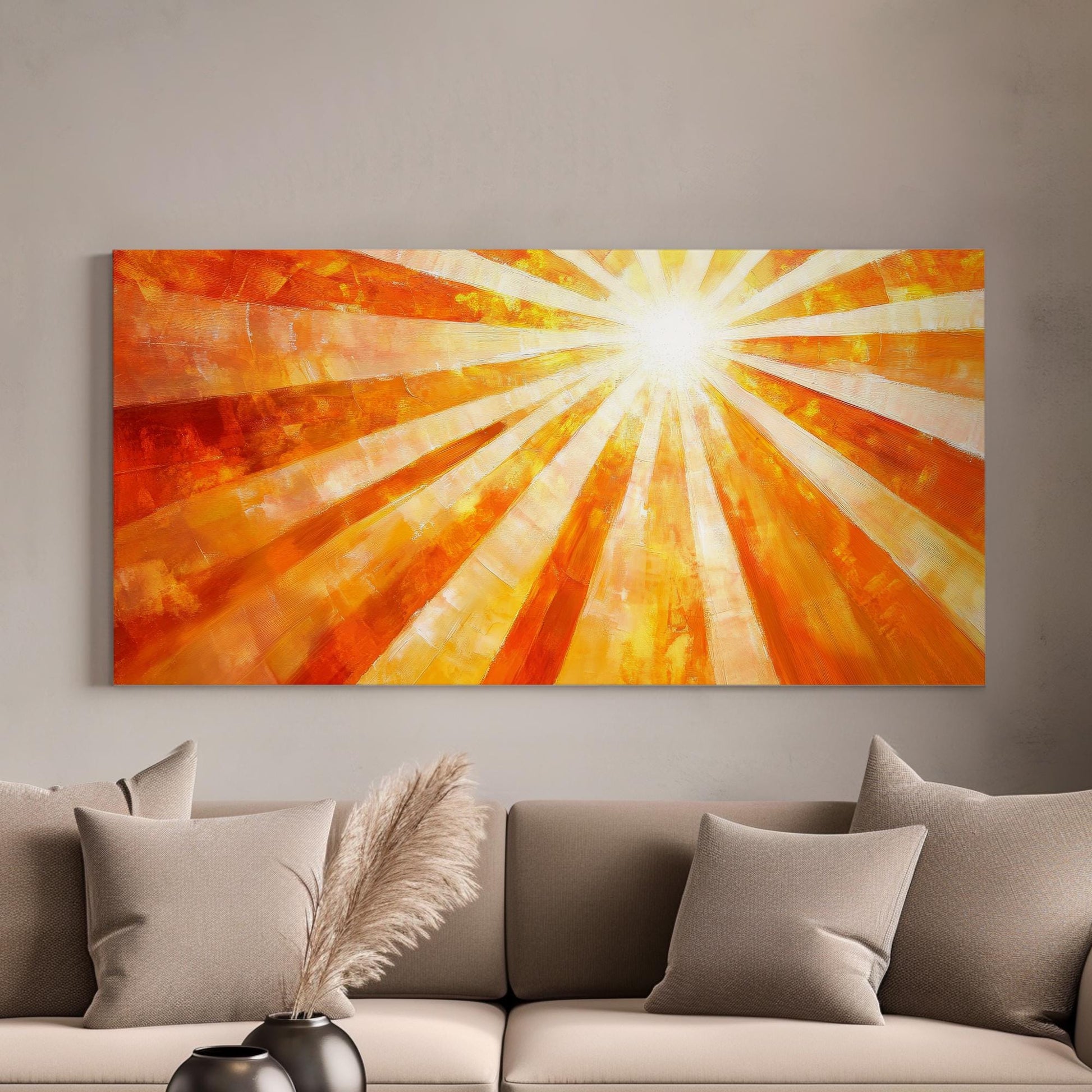 Radiant Sunburst Canvas Art | Impasto Textured Print | Mid Century Modern Wall Art For Living Room | Golden Hour Sunset Art Horizontal Art