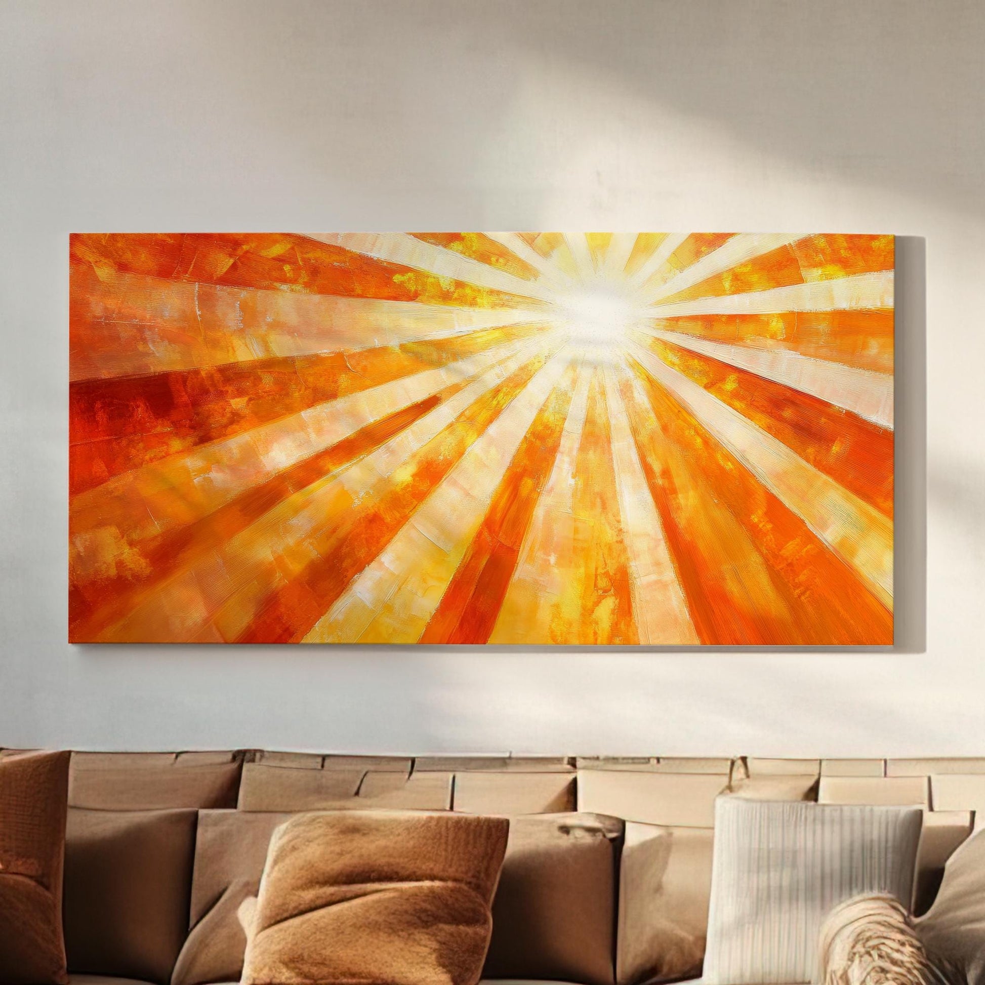 Radiant Sunburst Canvas Art | Impasto Textured Print | Mid Century Modern Wall Art For Living Room | Golden Hour Sunset Art Horizontal Art