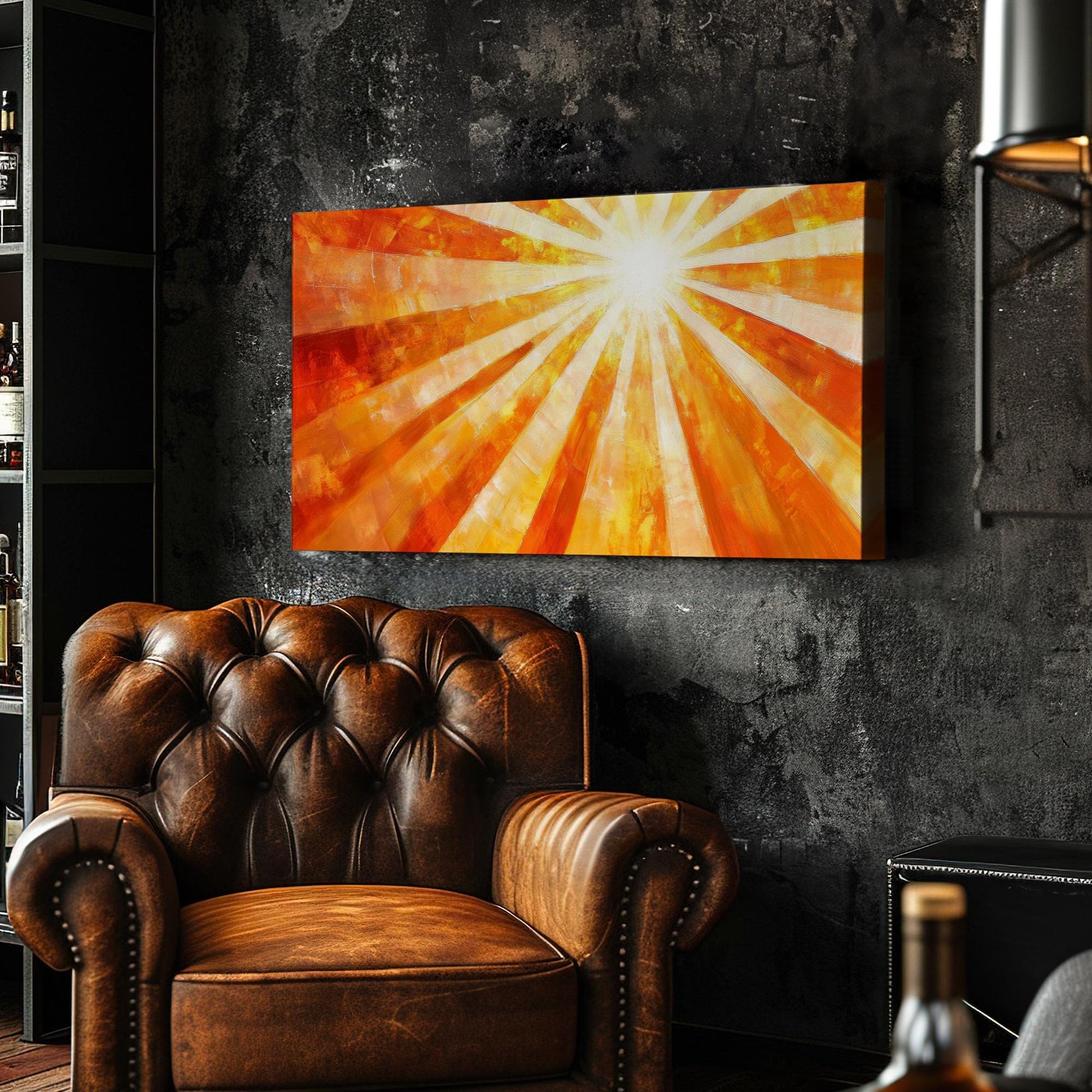 Radiant Sunburst Canvas Art | Impasto Textured Print | Mid Century Modern Wall Art For Living Room | Golden Hour Sunset Art Horizontal Art