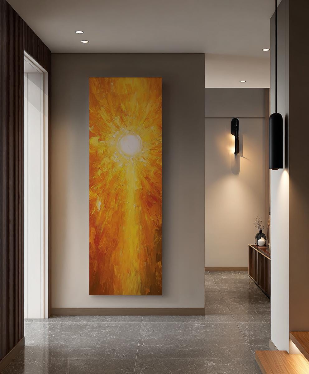 Radiant Sunburst Canvas Art | Impasto Palette Knife Print | Modern Minimalist Wall Art For Living Room Long Vertical Art