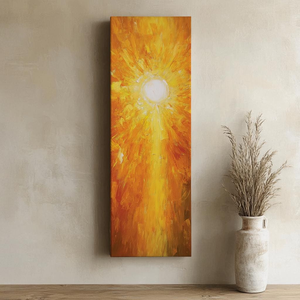 Radiant Sunburst Canvas Art | Impasto Palette Knife Print | Modern Minimalist Wall Art For Living Room Long Vertical Art