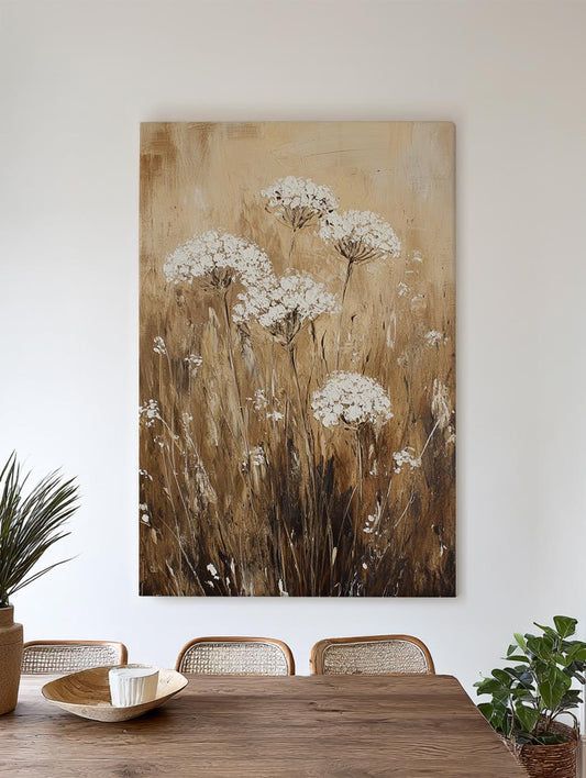 Queen Annes Lace Impasto Canvas Art | Textural Floral Print | Bohemian Modern Wall Art For Living Room | Creamy Oatmilk Art Vertical Canvas