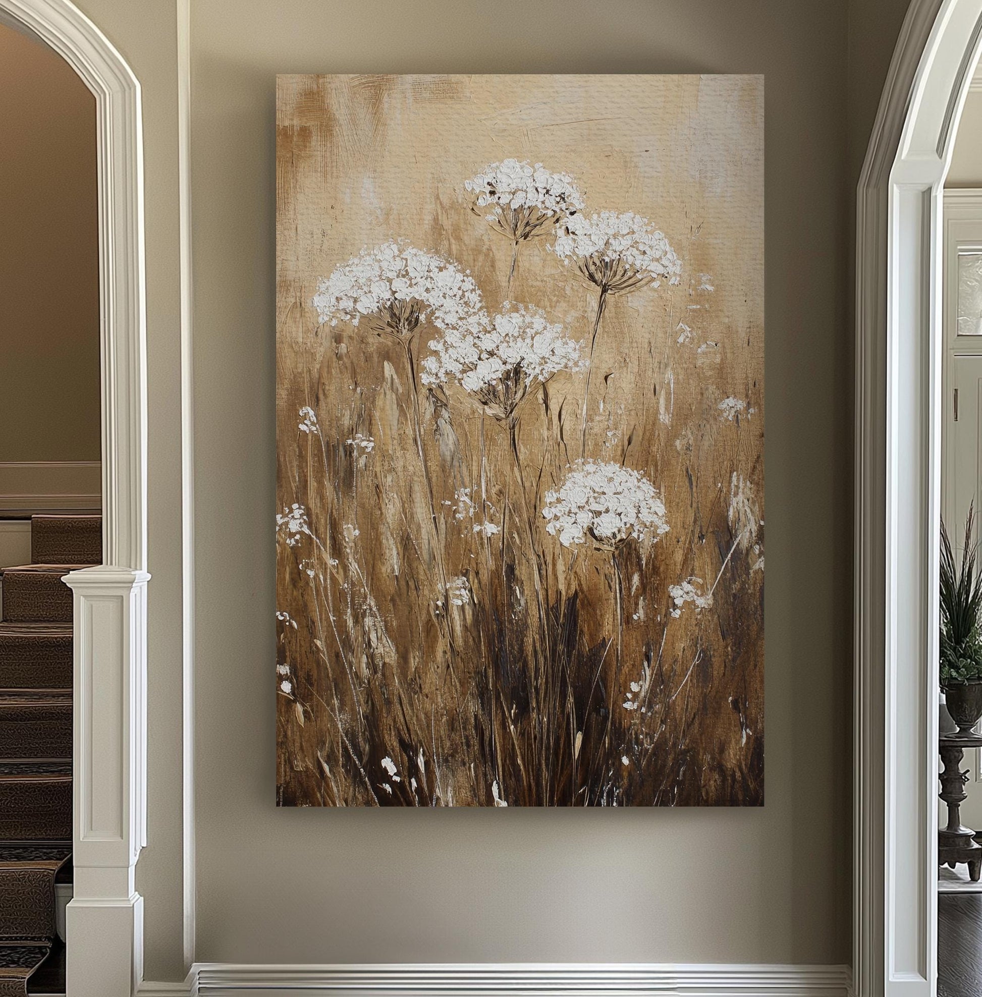 Queen Annes Lace Impasto Canvas Art | Textural Floral Print | Bohemian Modern Wall Art For Living Room | Creamy Oatmilk Art Vertical Canvas