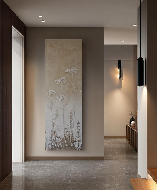 Queen Annes Lace Botanical Canvas Art | Impasto Relief Print | Japandi Wall Art For Living Room | Greige Oyster Art Long Vertical Art