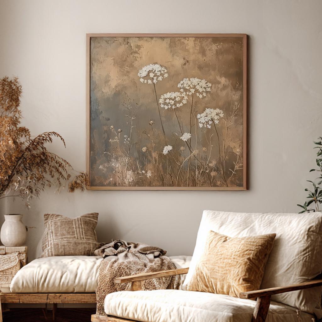 Queen Annes Lace Botanical Canvas Art | Impasto Print | Transitional Wall Art For Living Room | Greige Art Square Canvas Art