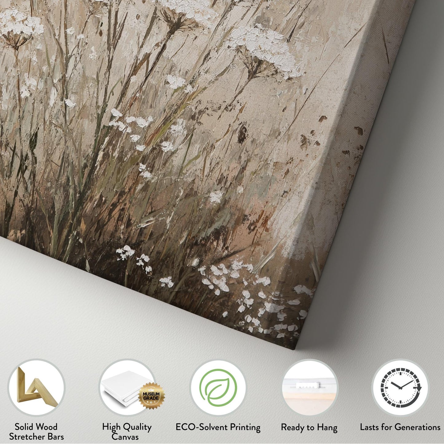 Queen Annes Lace Botanical Canvas Art | Impasto Painting Print | Tranquil Spa Wall Art For Bedroom | Oatmeal Linen Art Vertical Canvas