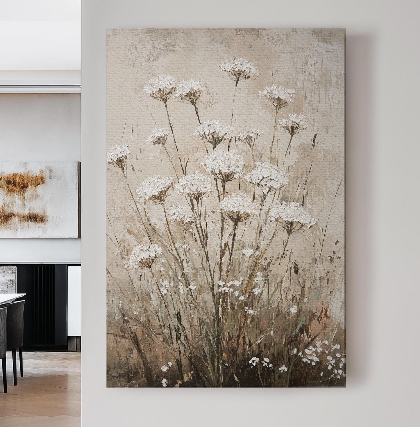 Queen Annes Lace Botanical Canvas Art | Impasto Painting Print | Tranquil Spa Wall Art For Bedroom | Oatmeal Linen Art Vertical Canvas