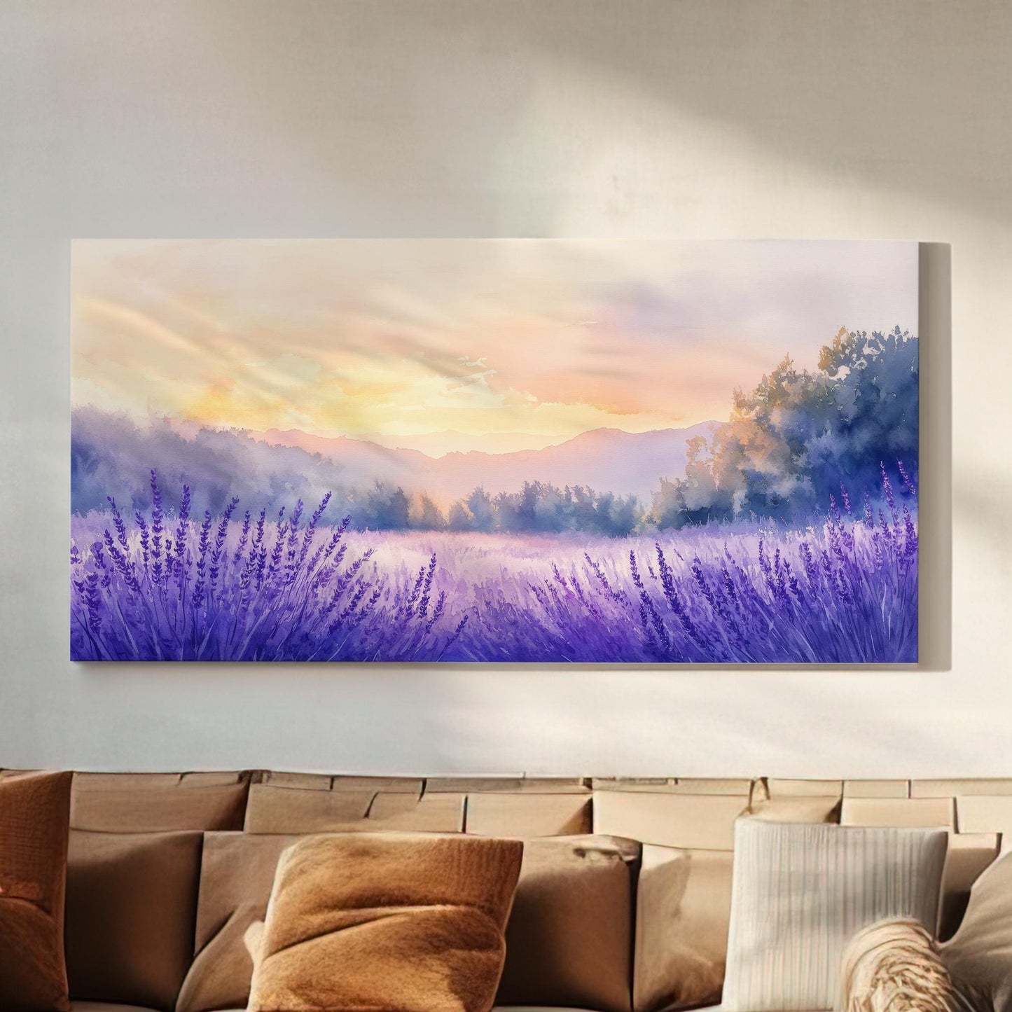 Provence Sunset Lavender Field Canvas Art | Watercolor Wash Print | Bohemian Wall Art For Living Room Horizontal Art