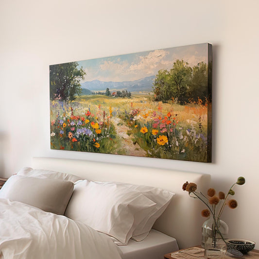 Provence Path Canvas Art | Impasto Floral Print | Bohemian Wall Art For Living Room | Honeycomb Hues Art Horizontal Art