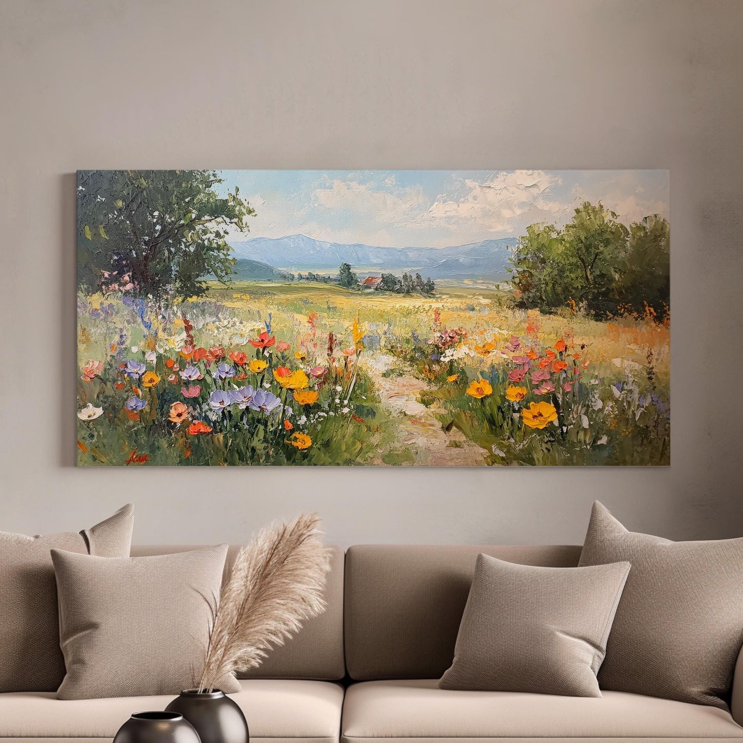 Provence Path Canvas Art | Impasto Floral Print | Bohemian Wall Art For Living Room | Honeycomb Hues Art Horizontal Art