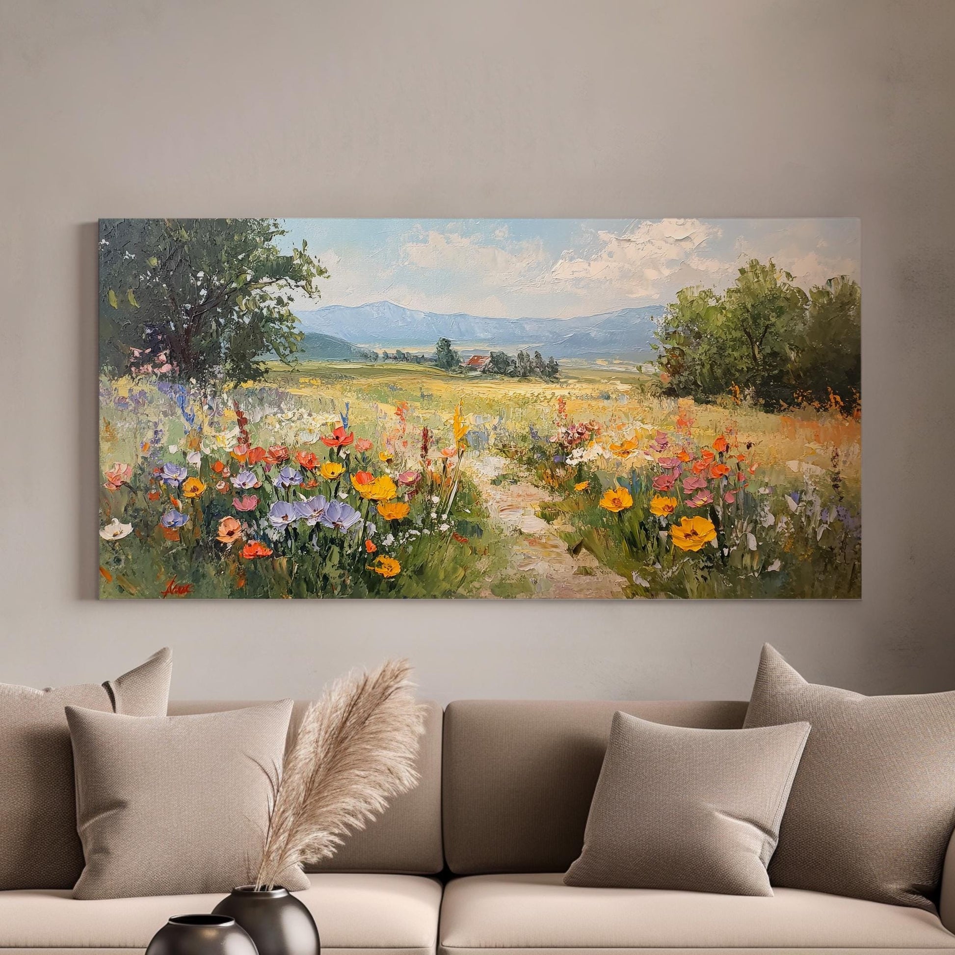 Provence Path Canvas Art | Impasto Floral Print | Bohemian Wall Art For Living Room | Honeycomb Hues Art Horizontal Art