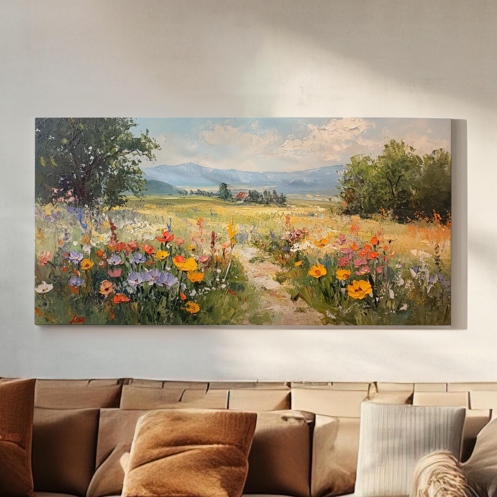 Provence Path Canvas Art | Impasto Floral Print | Bohemian Wall Art For Living Room | Honeycomb Hues Art Horizontal Art