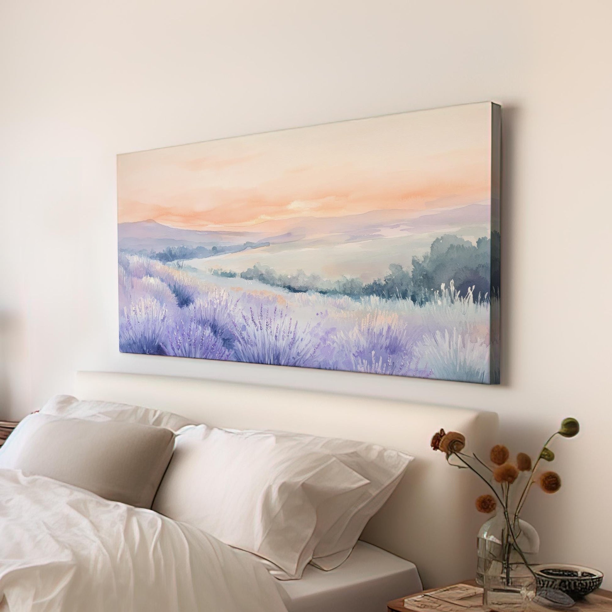 Provence Lavender Sunset Canvas Art | Watercolor Wash Print | Tranquil Bohemian Wall Art For Living Room Horizontal Art