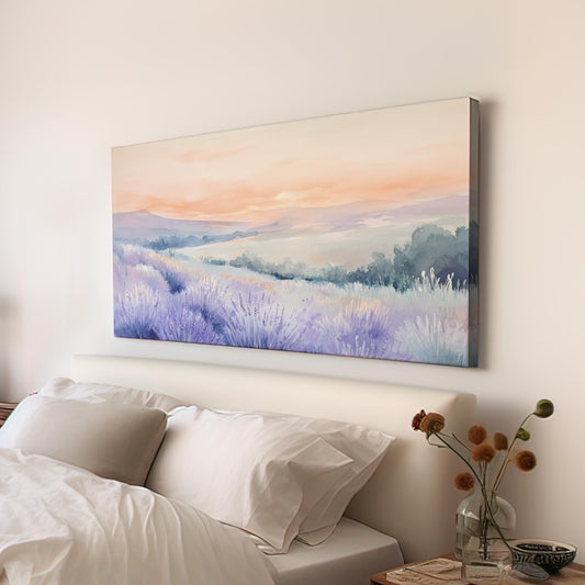 Provence Lavender Sunset Canvas Art | Watercolor Wash Print | Tranquil Bohemian Wall Art For Living Room Horizontal Art