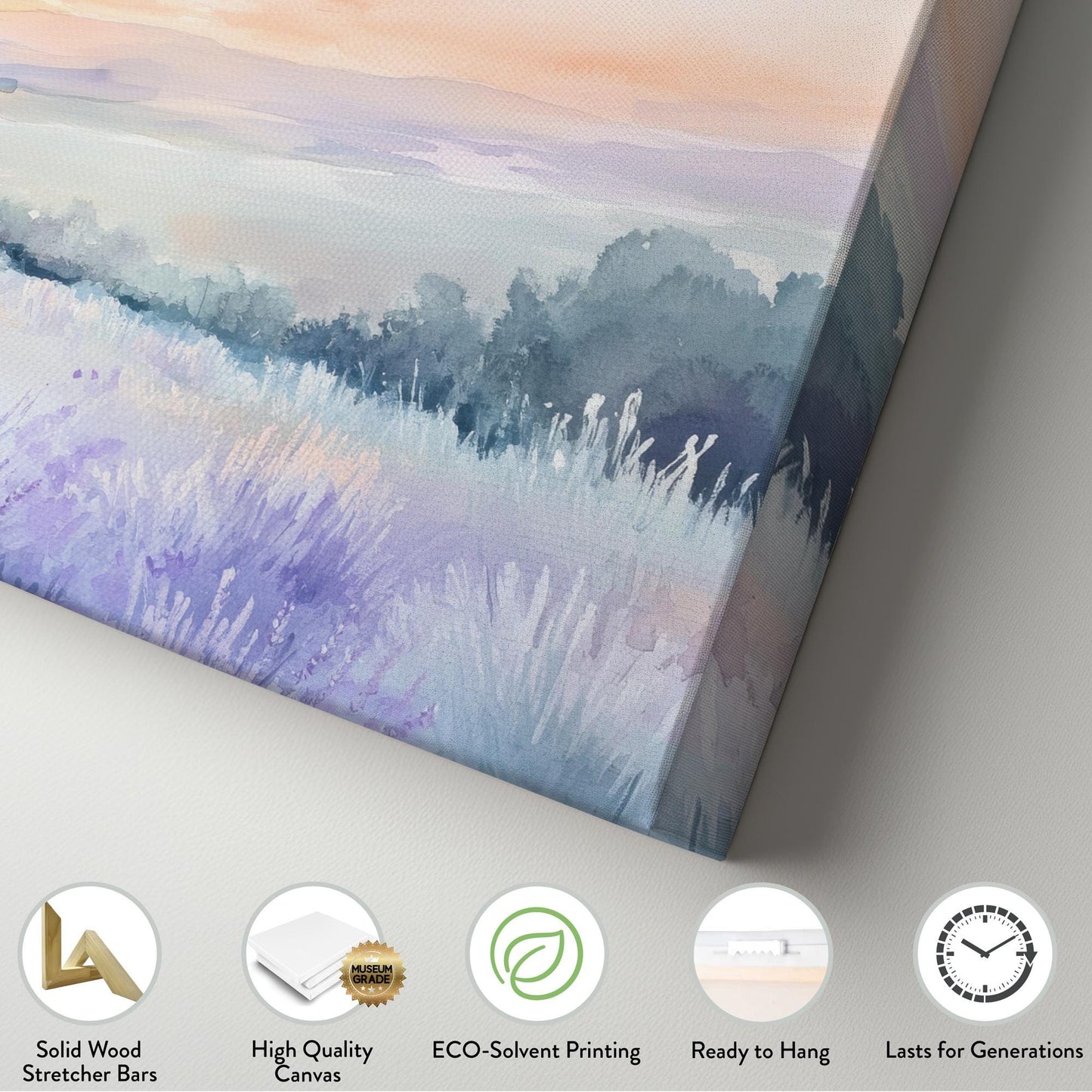 Provence Lavender Sunset Canvas Art | Watercolor Wash Print | Tranquil Bohemian Wall Art For Living Room Horizontal Art