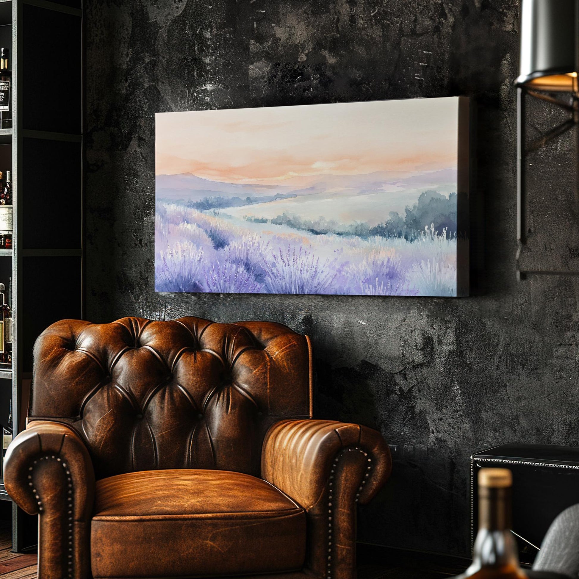 Provence Lavender Sunset Canvas Art | Watercolor Wash Print | Tranquil Bohemian Wall Art For Living Room Horizontal Art