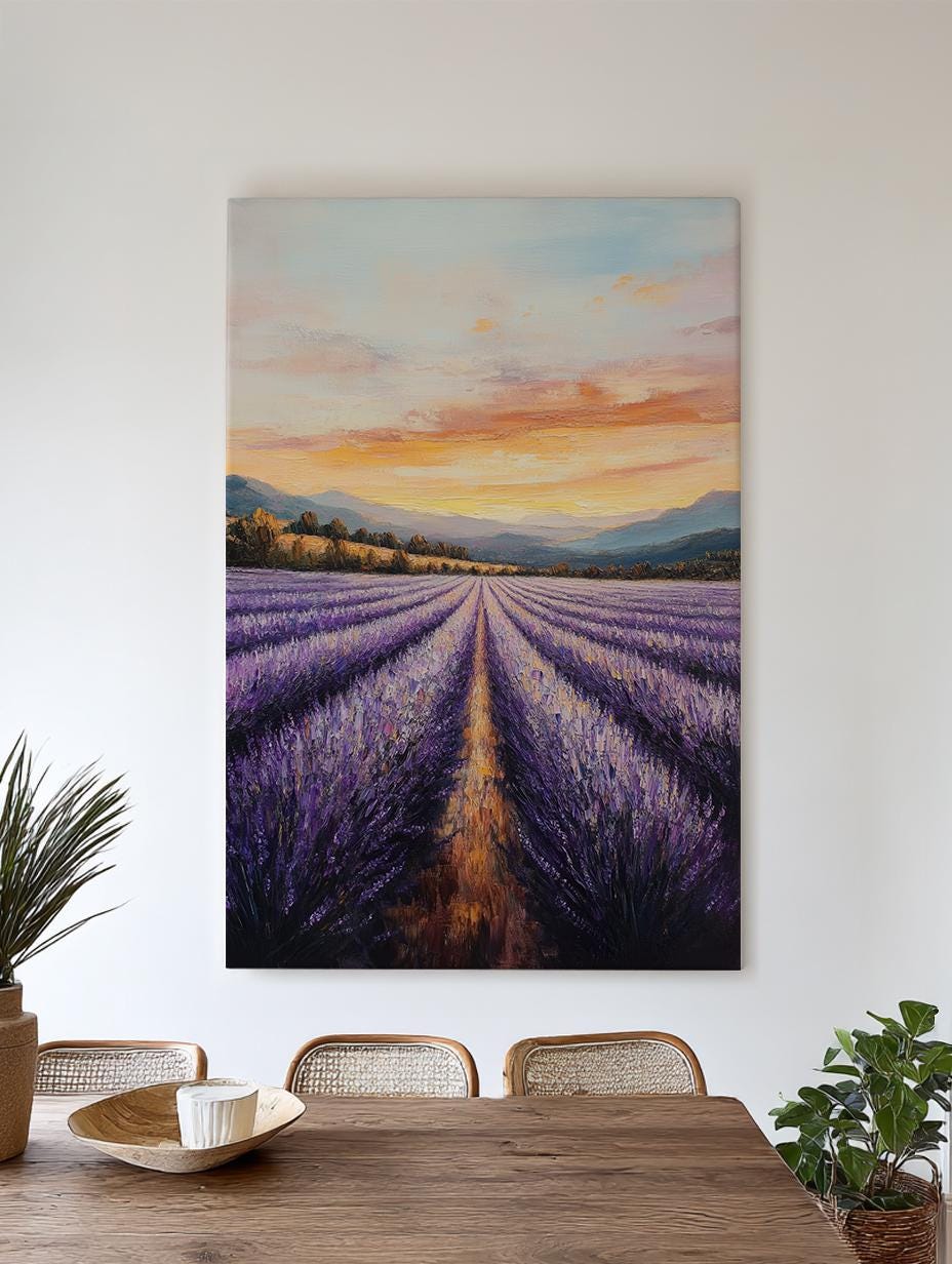 Provence Lavender Sunset Canvas Art | Palette Knife Impasto Print | Bohemian Wall Art For Living Room Vertical Canvas