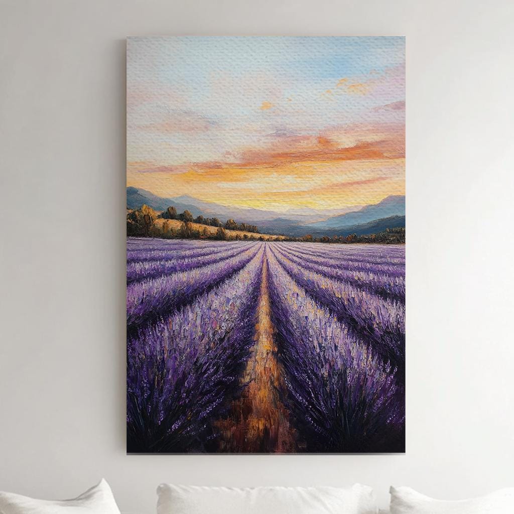 Provence Lavender Sunset Canvas Art | Palette Knife Impasto Print | Bohemian Wall Art For Living Room Vertical Canvas