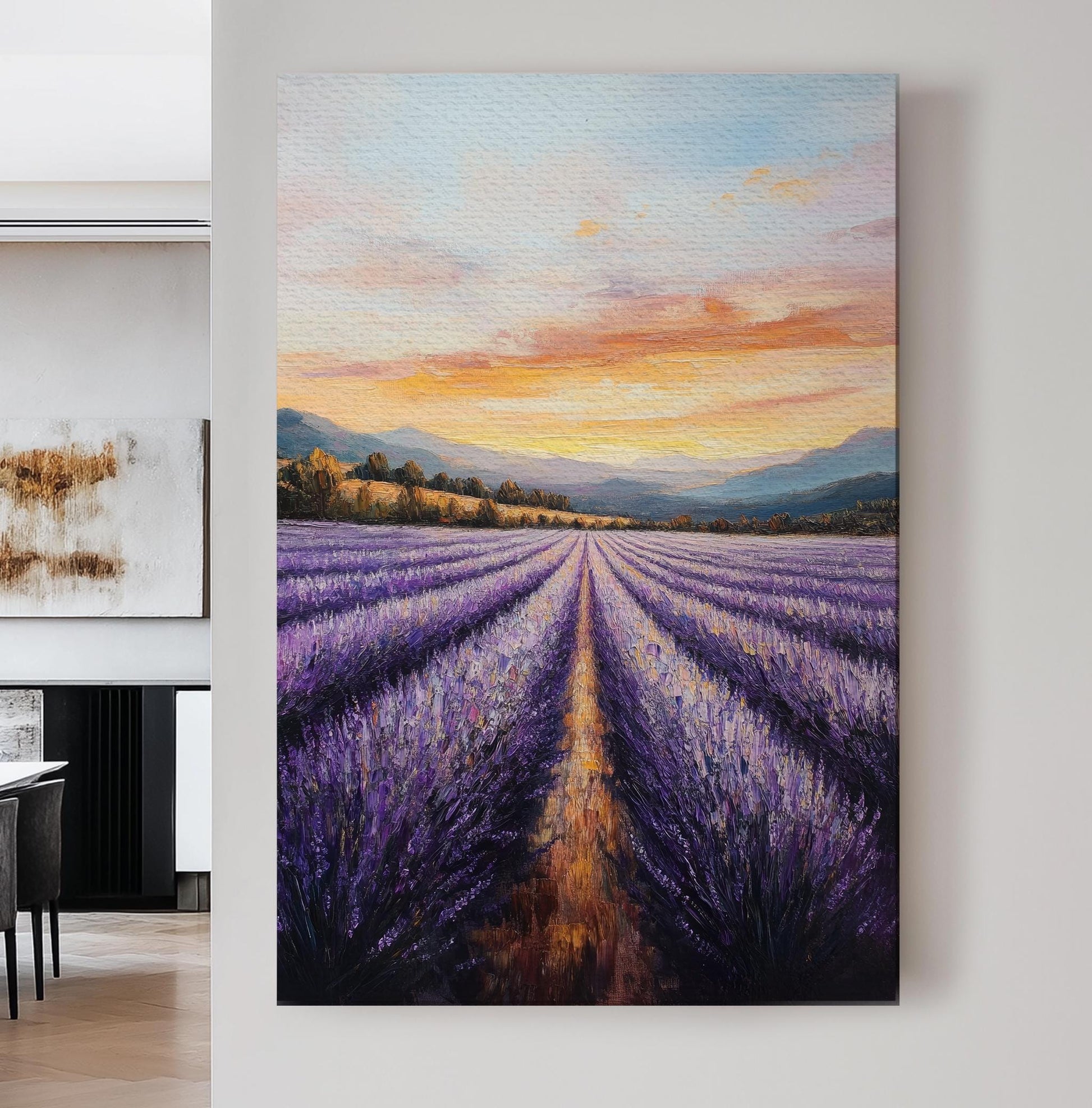 Provence Lavender Sunset Canvas Art | Palette Knife Impasto Print | Bohemian Wall Art For Living Room Vertical Canvas