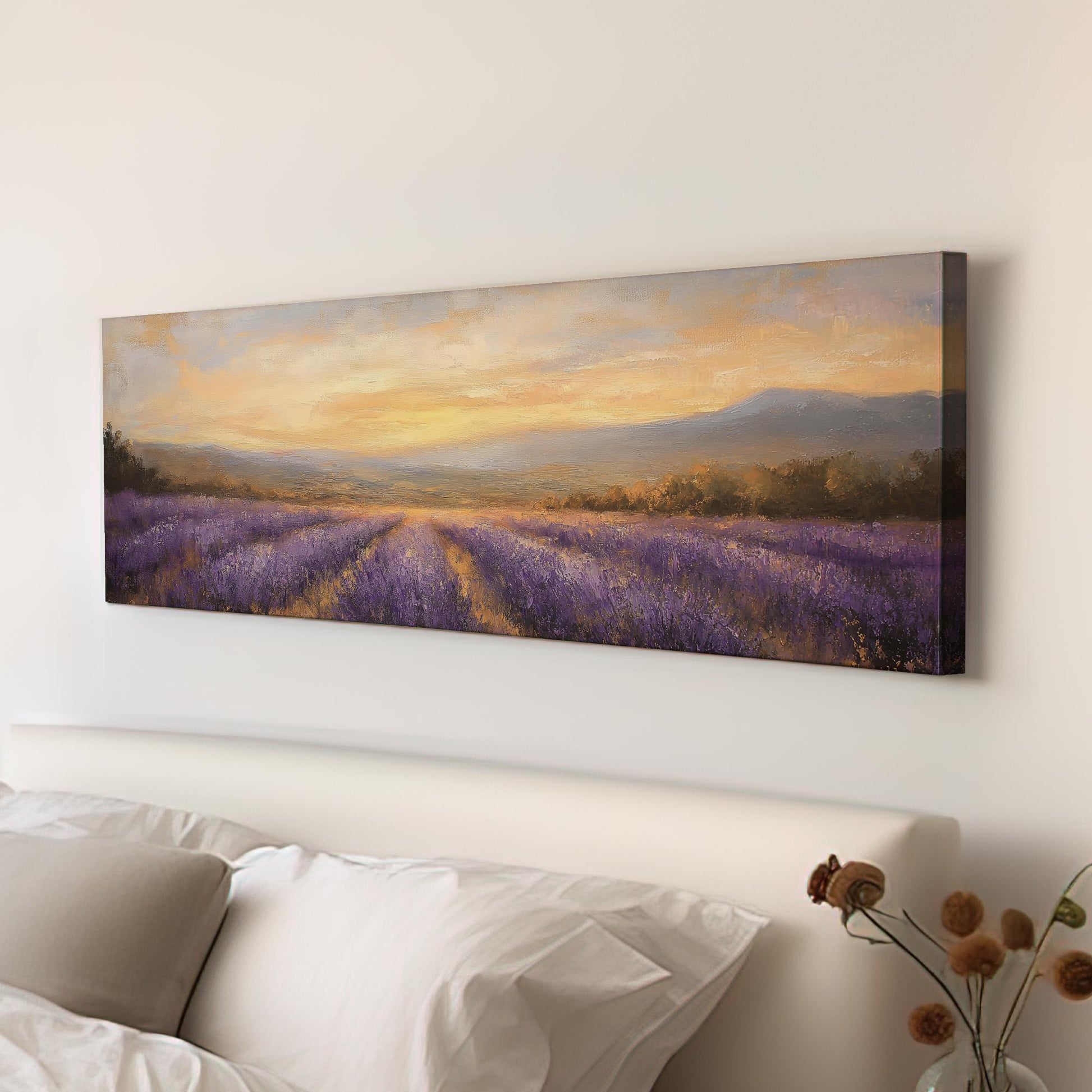 Provence Lavender Sunset Canvas Art | Impressionistic Impasto Print | Bohemian Wall Art For Living Room Panoramic Wall Art