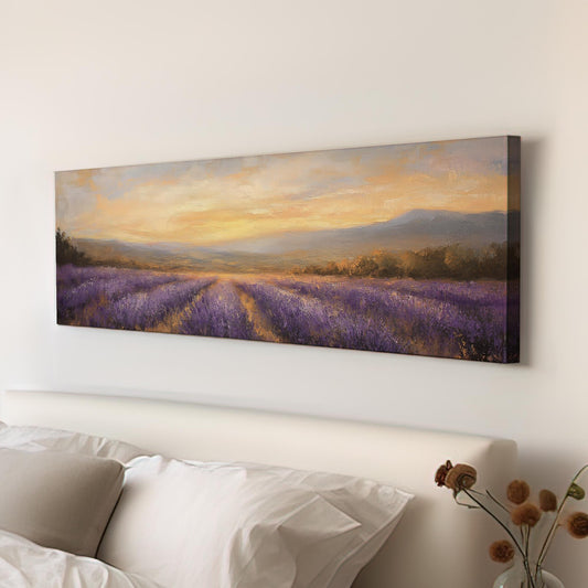 Provence Lavender Sunset Canvas Art | Impressionistic Impasto Print | Bohemian Wall Art For Living Room Panoramic Wall Art