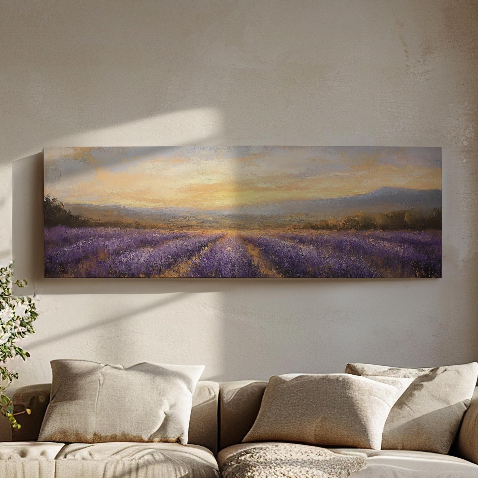 Provence Lavender Sunset Canvas Art | Impressionistic Impasto Print | Bohemian Wall Art For Living Room Panoramic Wall Art