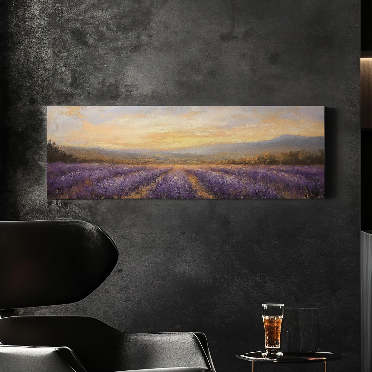 Provence Lavender Sunset Canvas Art | Impressionistic Impasto Print | Bohemian Wall Art For Living Room Panoramic Wall Art