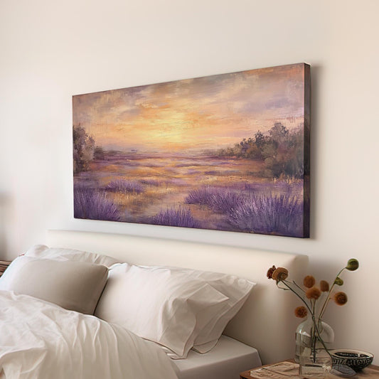Provence Lavender Sunset Canvas Art | Impasto Palette Knife Print | Tranquil Bohemian Wall Art For Bedroom Horizontal Art