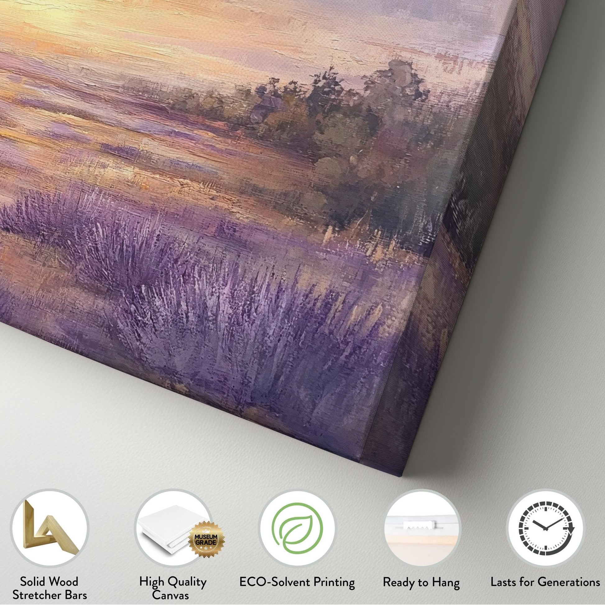 Provence Lavender Sunset Canvas Art | Impasto Palette Knife Print | Tranquil Bohemian Wall Art For Bedroom Horizontal Art